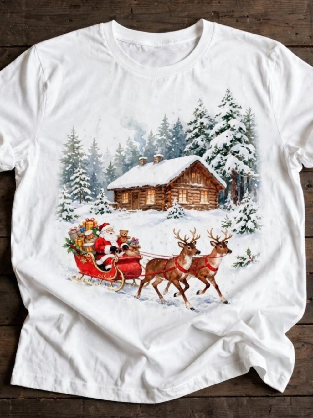 Santa Sleigh T-Shirt Christmas Cabin White Tee